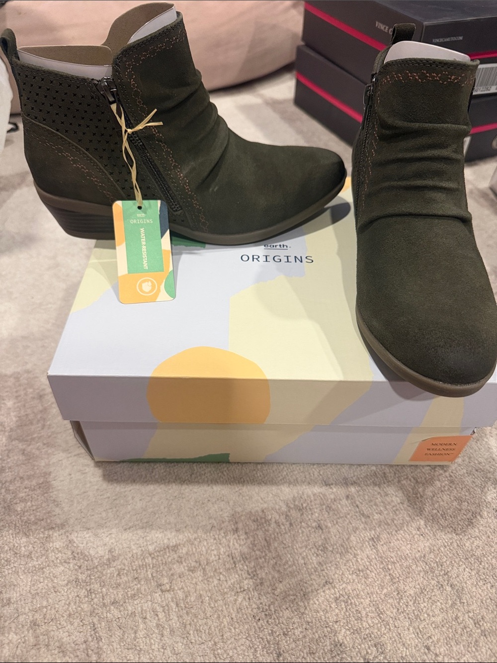 Earth Origins Olive Green Suede Ankle Boots with Side Zipper